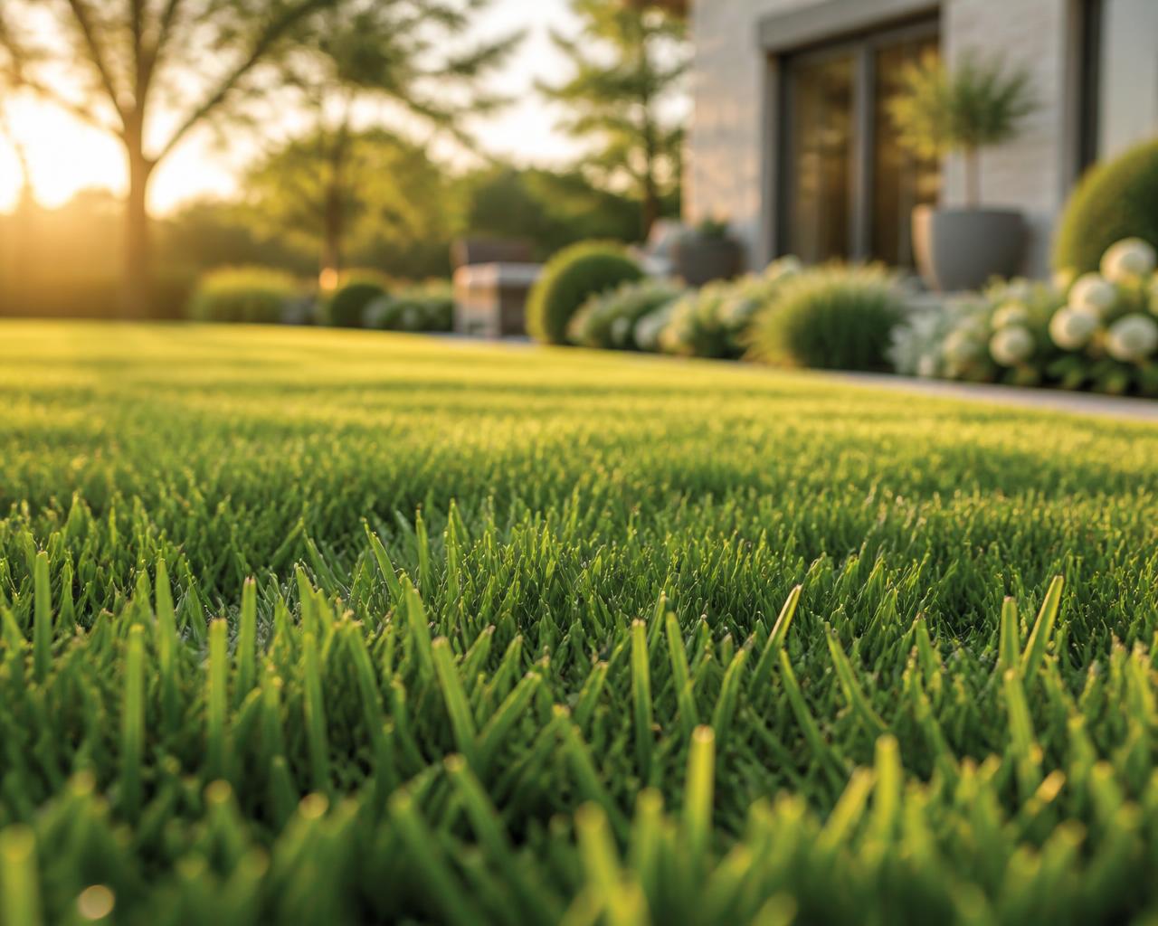 Close-up of lush green turf in warm sunlight
